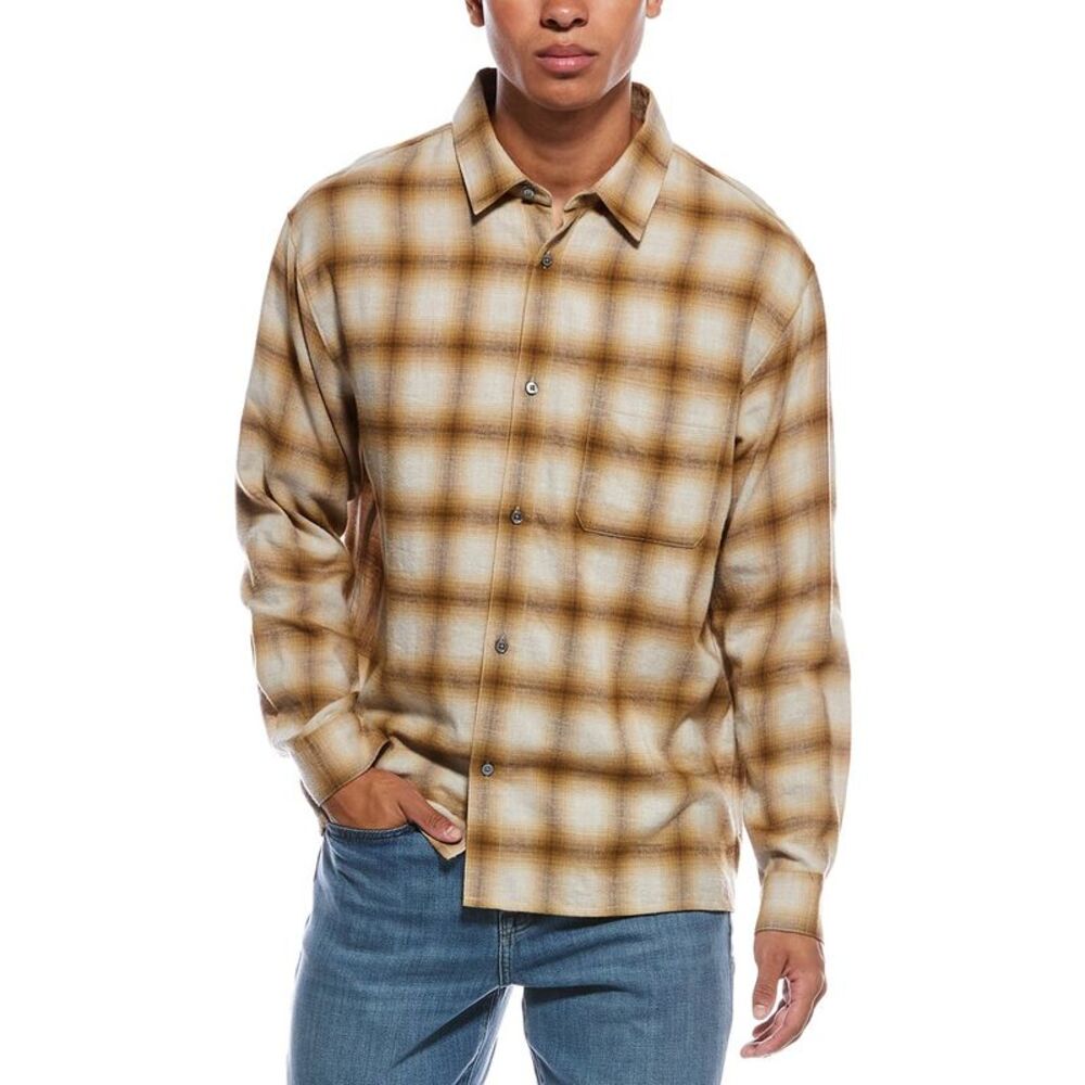 Frame Denim Mens  Lightweight Plaid Wool-Blend Shirt, Brown